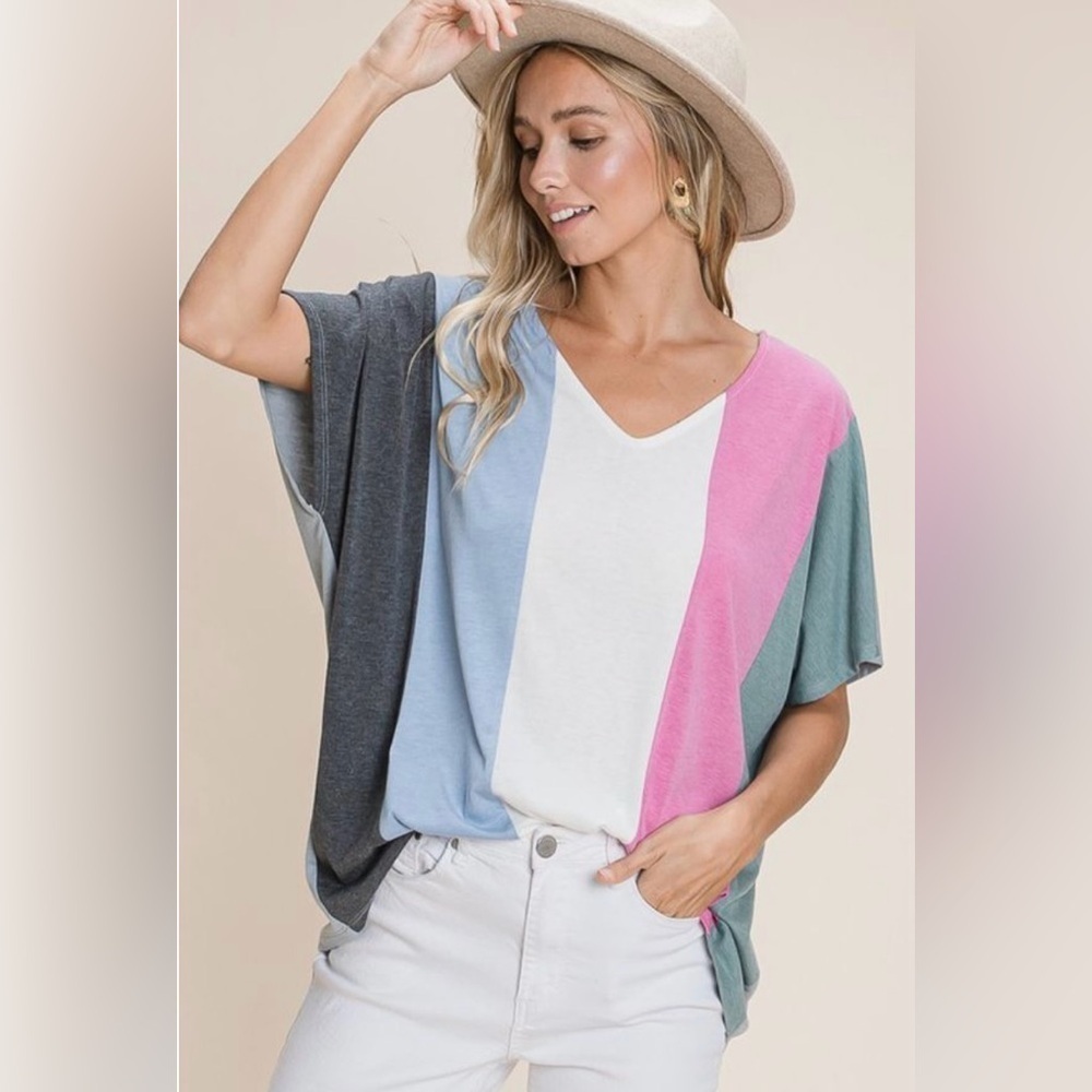 New!Plus Size Striped Color-block Casual Relaxed Fit V Neck Size 1X & 3X